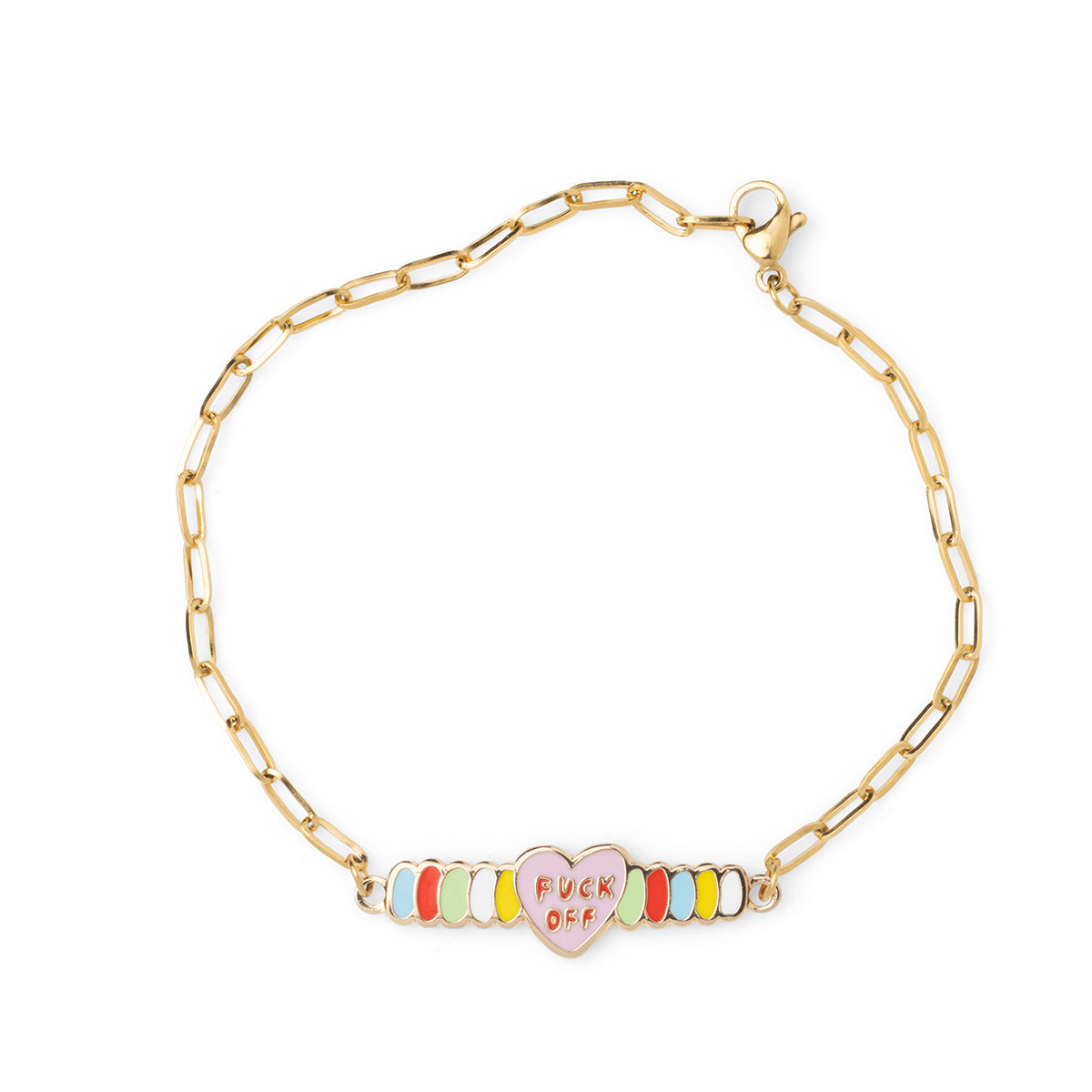 Pink enamel candy heart bracelet reading Fuck Off with colorful segments on gold paperclip chain by Yellow Owl Workshop