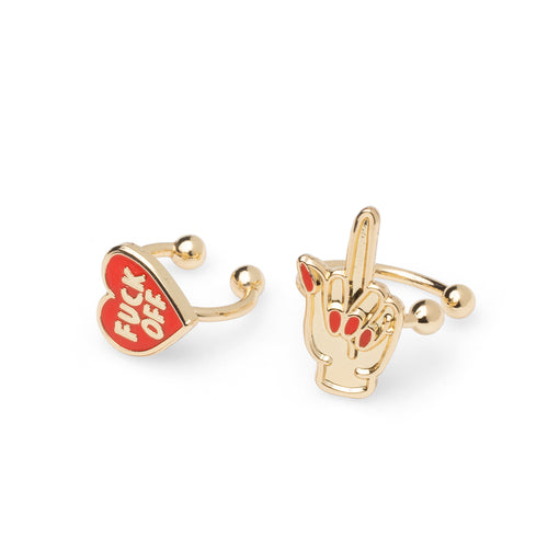 Mismatched gold Fuck Off heart and middle finger no-piercing ear cuffs with red enamel detail by Yellow Owl Workshop