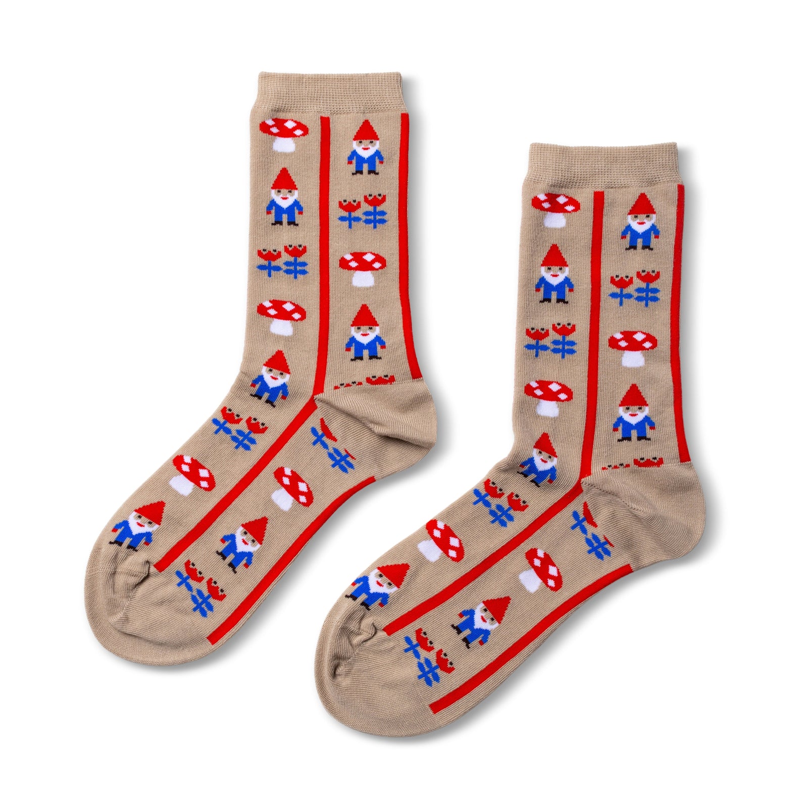 Tan crew socks featuring illustrated garden gnomes red mushrooms and blue tulips with red stripe by Yellow Owl Workshop