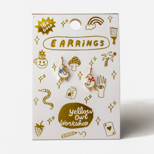 Goose mismatched enamel drop earrings on gold foil matchbook card by Yellow Owl Workshop