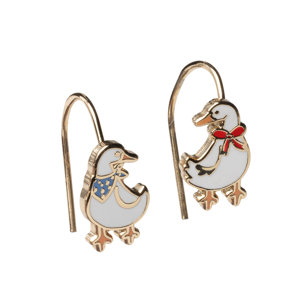 Mismatched enamel drop earrings featuring two white geese one with blue polka dot bow and one with red bow by Yellow Owl Workshop