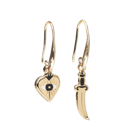 Mismatched enamel drop earrings featuring gold all-seeing eye sunburst heart and gold dagger in traditional tattoo style by Yellow Owl Workshop