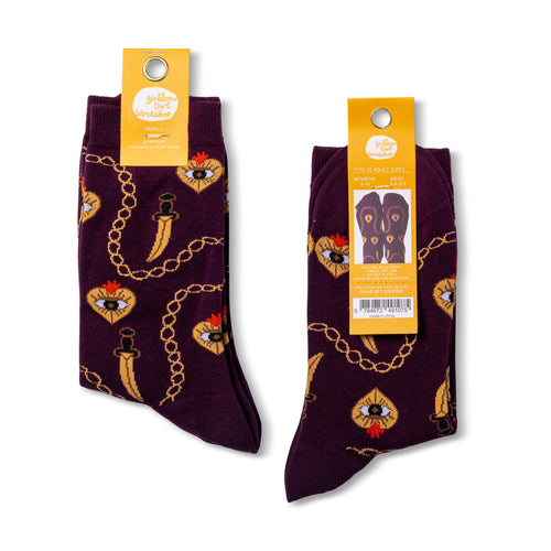 Heart and Dagger crew socks packaging front and back by Yellow Owl Workshop