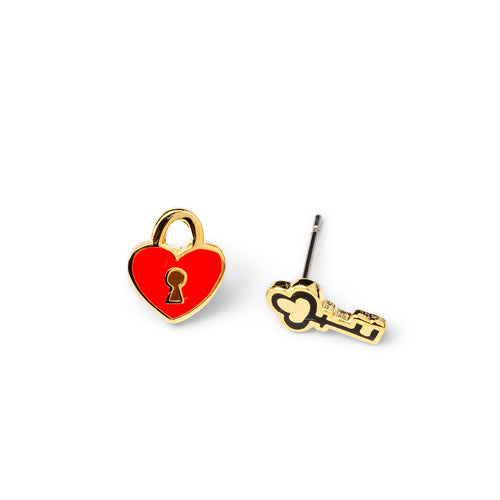 Mismatched cloisonné stud earrings featuring red heart padlock and gold heart key gilded in 22 karat gold by Yellow Owl Workshop