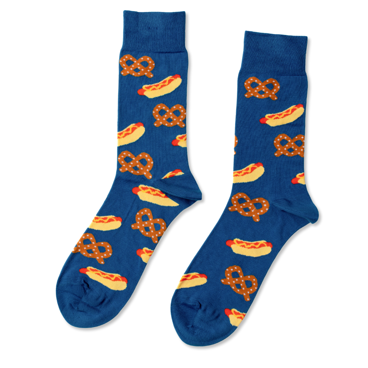 Blue crew socks featuring illustrated hot dogs and pretzels by Yellow Owl Workshop