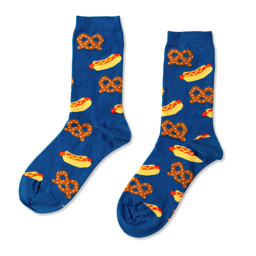 Blue and orange crew socks featuring illustrated hot dogs and pretzels by Yellow Owl Workshop