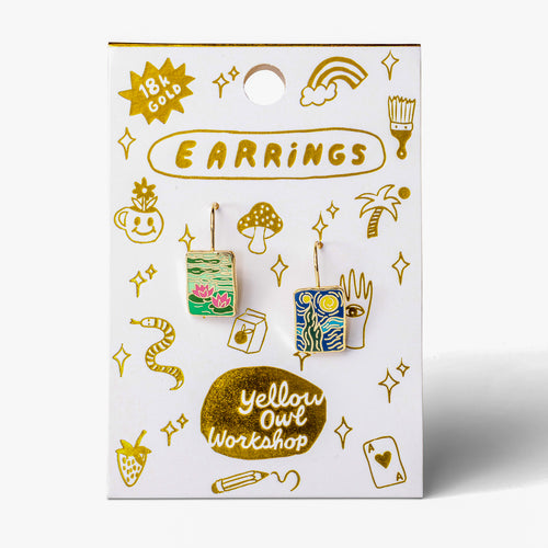 Impressionist mismatched enamel drop earrings on gold foil matchbook card by Yellow Owl Workshop
