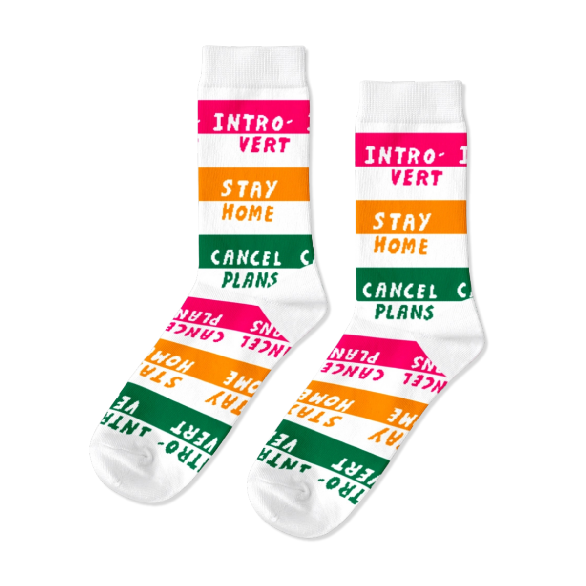 White crew socks featuring Introvert Stay Home and Cancel Plans text in bold pink orange and green stripes by Yellow Owl Workshop