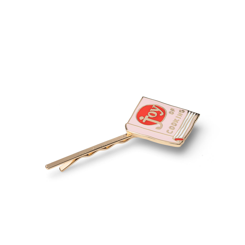 Gold cloisonné enamel Joy of Cooking cookbook hair pin in pink and red by Yellow Owl Workshop
