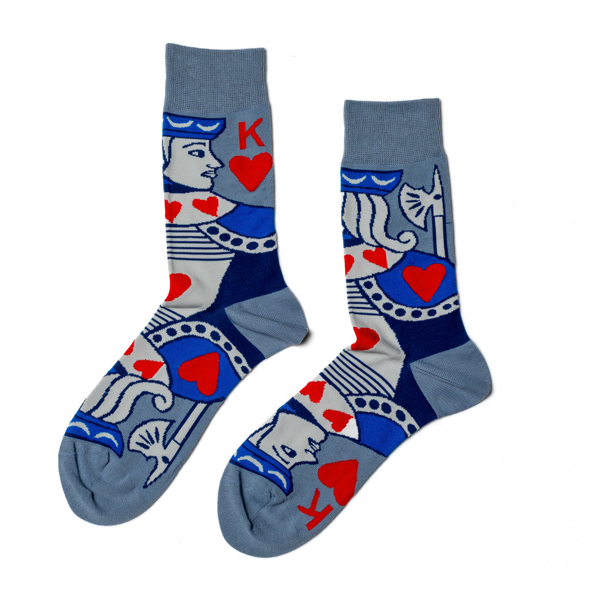 Blue and red crew socks featuring classic King of Hearts playing card illustration by Yellow Owl Workshop