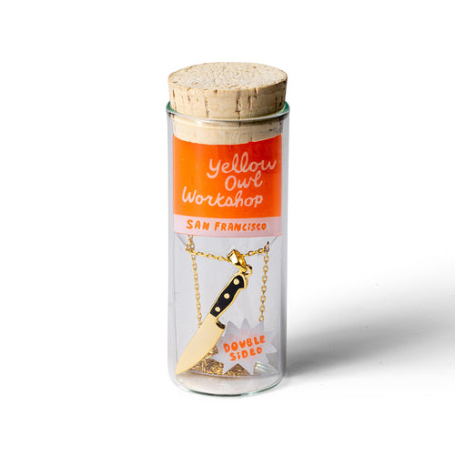 Knife double-sided gold pendant necklace in glass vial cork packaging by Yellow Owl Workshop