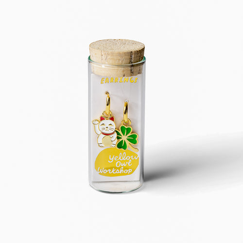 Lucky Cat and Clover gold hoop earrings in gift-ready glass vial by Yellow Owl Workshop