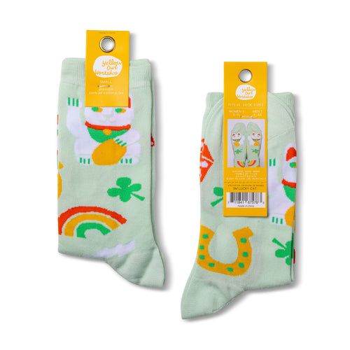Lucky Cat and Clover crew socks packaging front and back by Yellow Owl Workshop