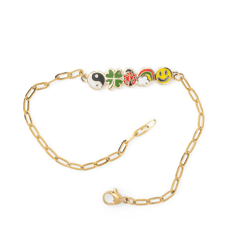 Gold paperclip chain Lucky Charms bracelet with five enamel charms unclasped on white background by Yellow Owl Workshop