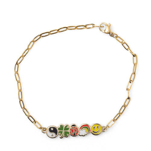 Gold paperclip chain bracelet featuring five enamel lucky charms including yin yang four-leaf clover ladybug rainbow and smiley face by Yellow Owl Workshop