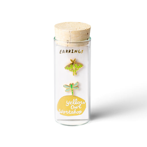 Luna moth and dragonfly mismatched cloisonné stud earrings in glass vial packaging by Yellow Owl Workshop