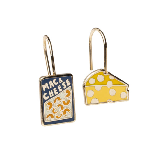 Mismatched enamel drop earrings featuring Mac and Cheese box and yellow cheese wedge by Yellow Owl Workshop