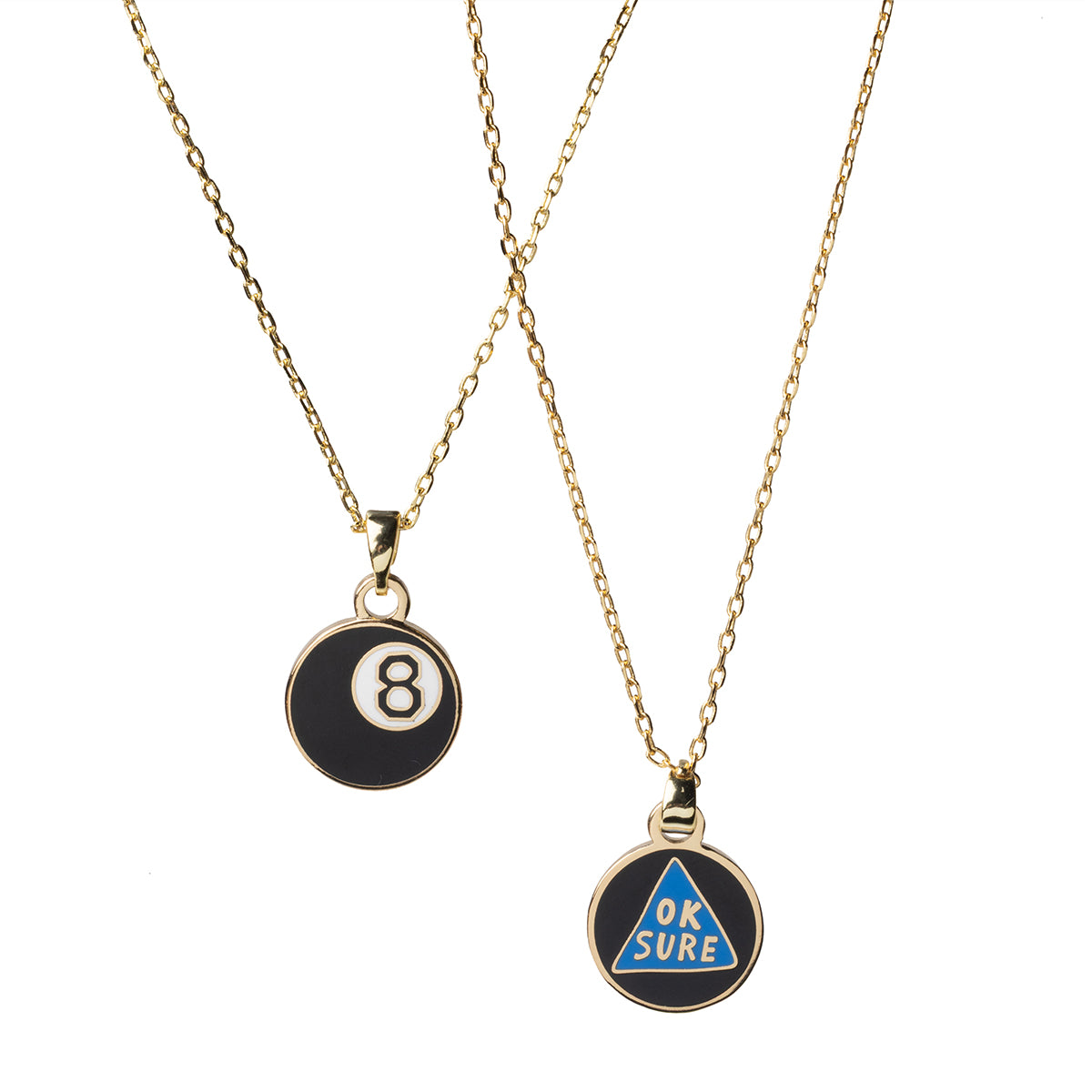 Double-sided enamel pendant necklace showing magic 8-ball side and Ok Sure blue triangle side on 18k gold chain by Yellow Owl Workshop