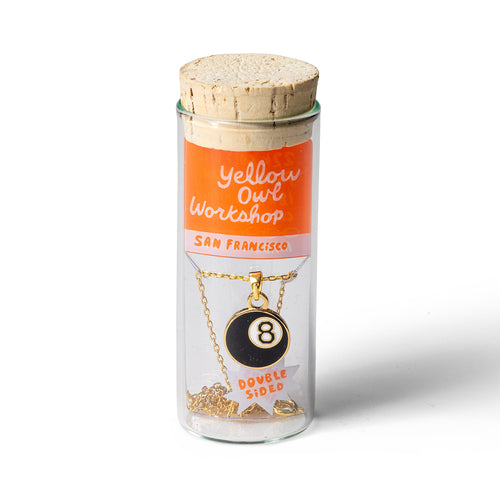 Magic 8-Ball double-sided enamel pendant necklace in glass vial cork packaging by Yellow Owl Workshop