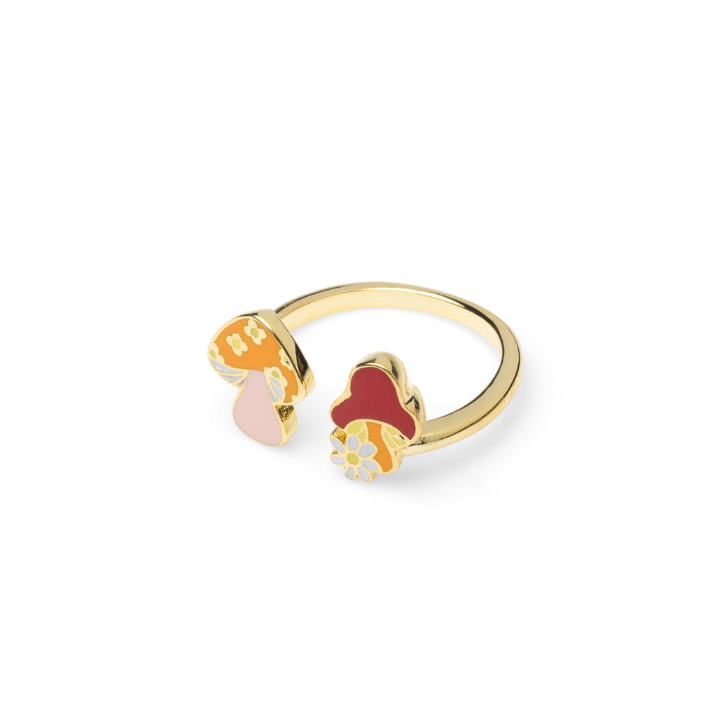 Gold adjustable magic mushroom ring with two folk-style mushrooms in orange pink and red by Yellow Owl Workshop