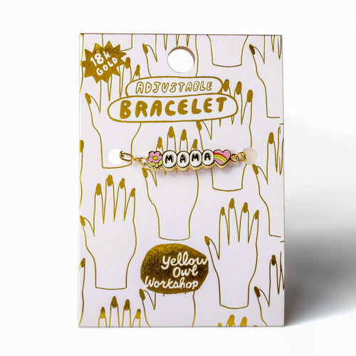 Enamel Mama letter bracelet on gold foil packaging card by Yellow Owl Workshop