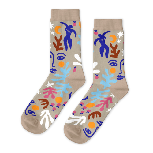Tan crew socks featuring Matisse-inspired cut-paper figures botanical shapes and bold colors in blue pink orange and brown by Yellow Owl Workshop