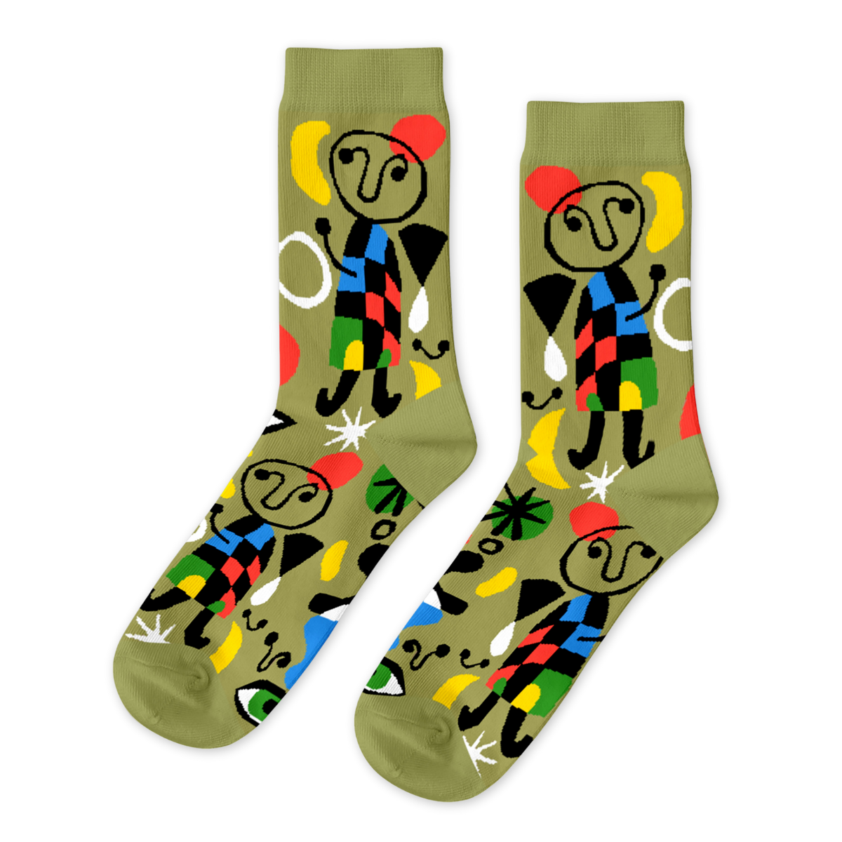 Olive green crew socks featuring bold Miro-inspired surrealist figures and abstract shapes in red yellow blue and black by Yellow Owl Workshop