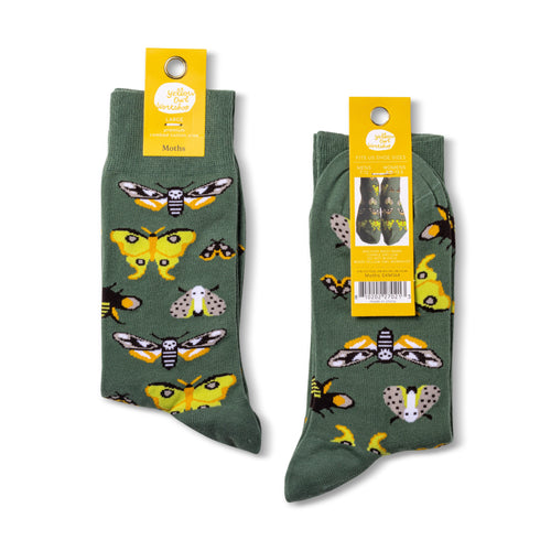 Moths crew socks packaging front and back by Yellow Owl Workshop