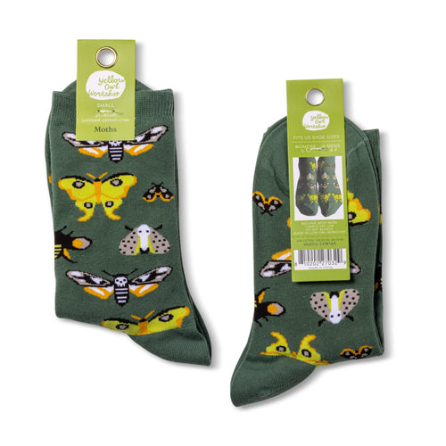 Moths crew socks small size packaging front and back by Yellow Owl Workshop