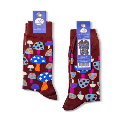 Mushroom crew socks packaging front and back by Yellow Owl Workshop