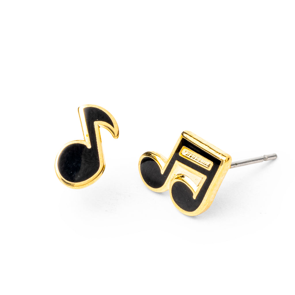 Mismatched cloisonné stud earrings featuring black and gold eighth note and sixteenth notes gilded in 22 karat gold by Yellow Owl Workshop