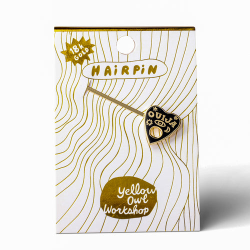 Ouija gold cloisonné enamel hair pin in packaging by Yellow Owl Workshop