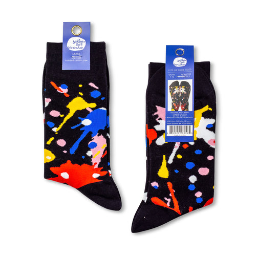 Paint splatter crew socks packaging front and back by Yellow Owl Workshop