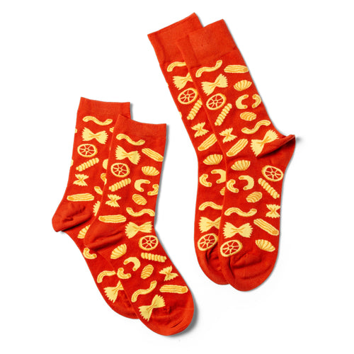 Pasta crew socks small and large sizes laid out side by side by Yellow Owl Workshop