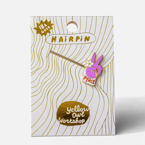 Peace gold cloisonné enamel hair pin in packaging by Yellow Owl Workshop