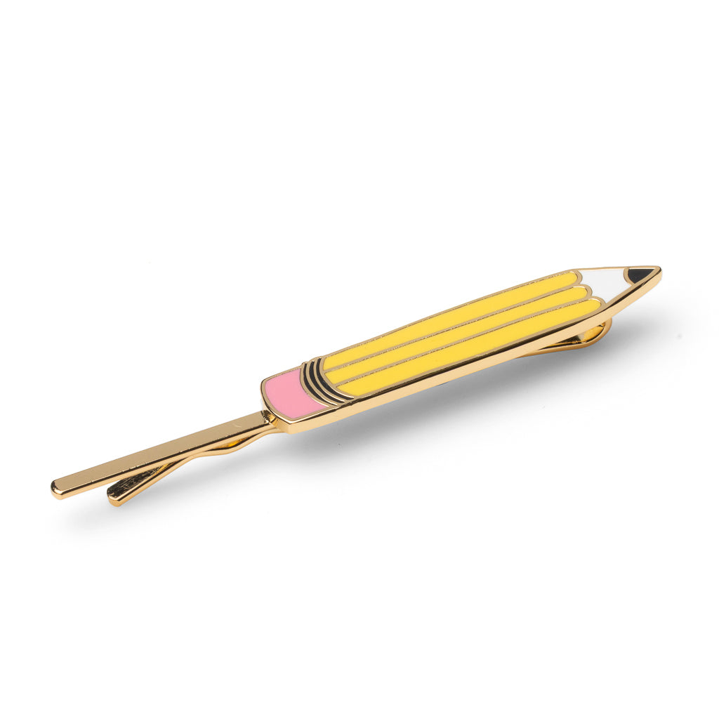 Gold cloisonné enamel yellow pencil hair pin with pink eraser by Yellow Owl Workshop