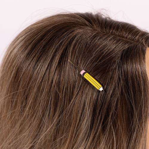 Pencil gold cloisonné enamel hair pin worn in hair by Yellow Owl Workshop