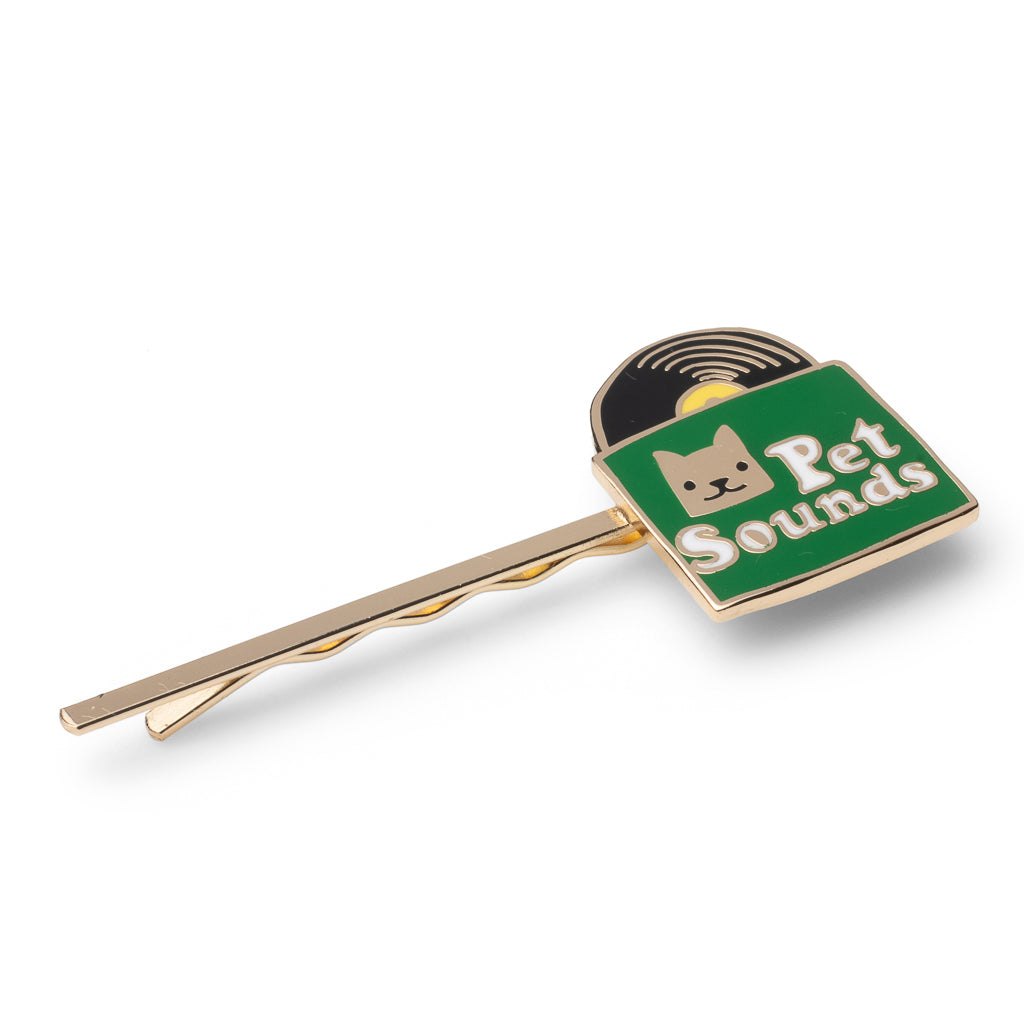 Gold cloisonné enamel Pet Sounds album hair pin in green and gold by Yellow Owl Workshop