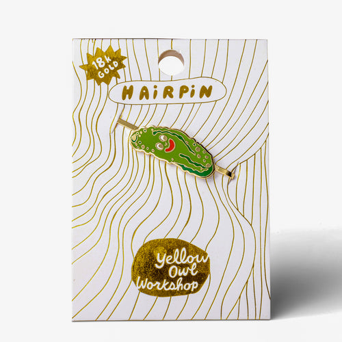 Pickle Guy gold cloisonné enamel hair pin in packaging by Yellow Owl Workshop