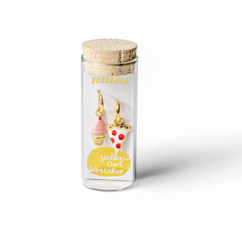 Pizza and Ice Cream cloisonné gold hoop earrings in gift-ready glass vial by Yellow Owl Workshop