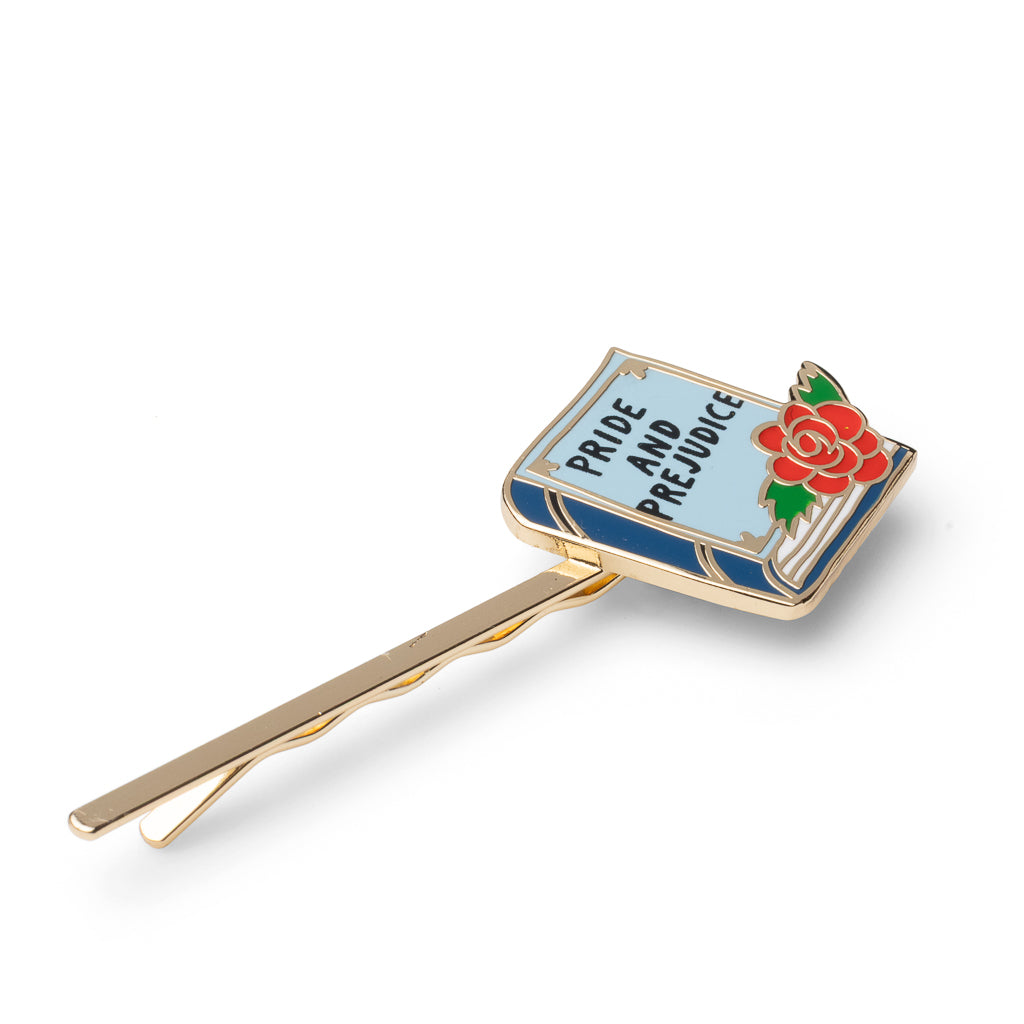 Gold cloisonné enamel Pride and Prejudice book hair pin with red rose charm by Yellow Owl Workshop