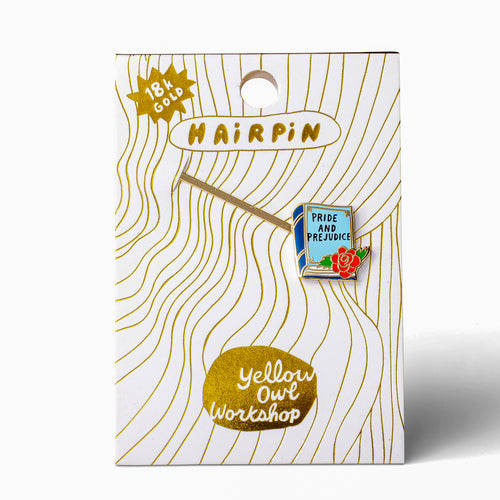 Pride and Prejudice gold cloisonné enamel hair pin in packaging by Yellow Owl Workshop