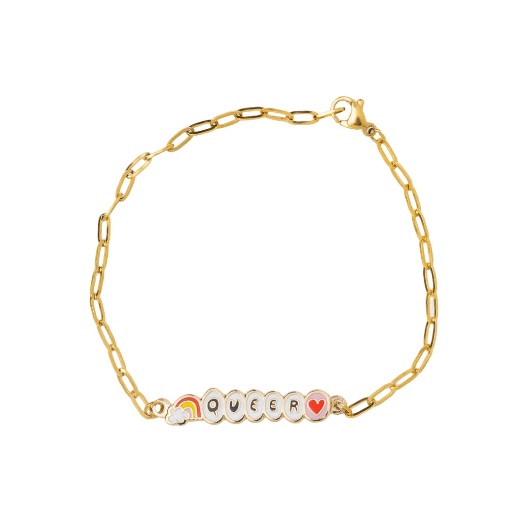 Gold chain bracelet with 'QUEER' and rainbow heart charms on a white background