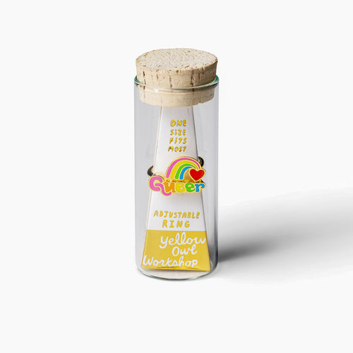 Queer gold adjustable enamel ring in glass vial cork packaging by Yellow Owl Workshop