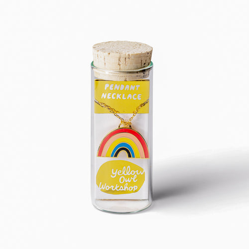Rainbow cloisonné enamel pendant necklace in glass vial packaging by Yellow Owl Workshop