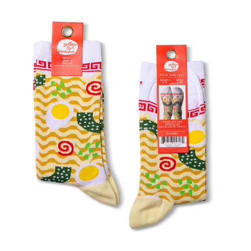 Ramen crew socks small size packaging front and back by Yellow Owl Workshop