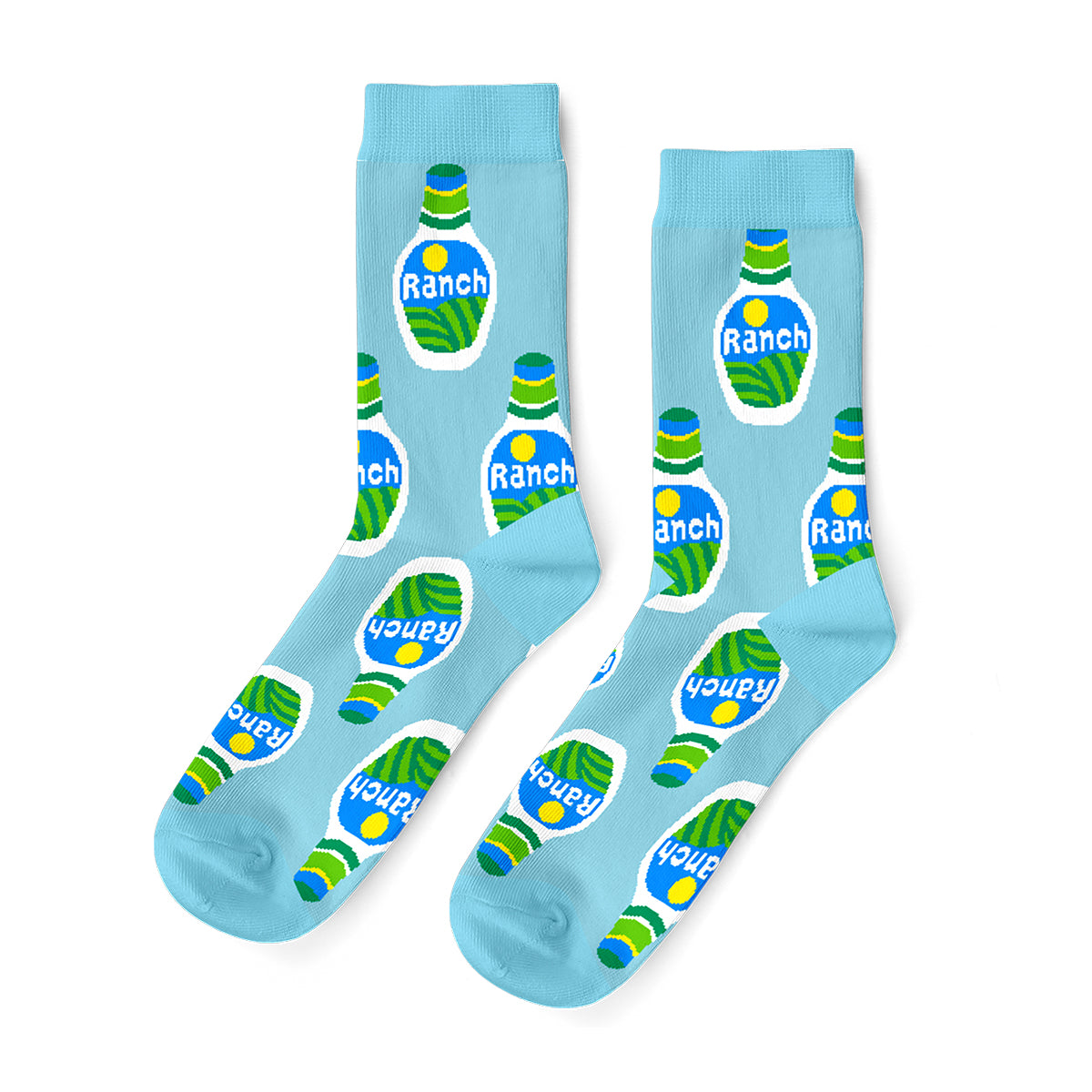 Light blue crew socks featuring illustrated ranch dressing bottles in green and white by Yellow Owl Workshop