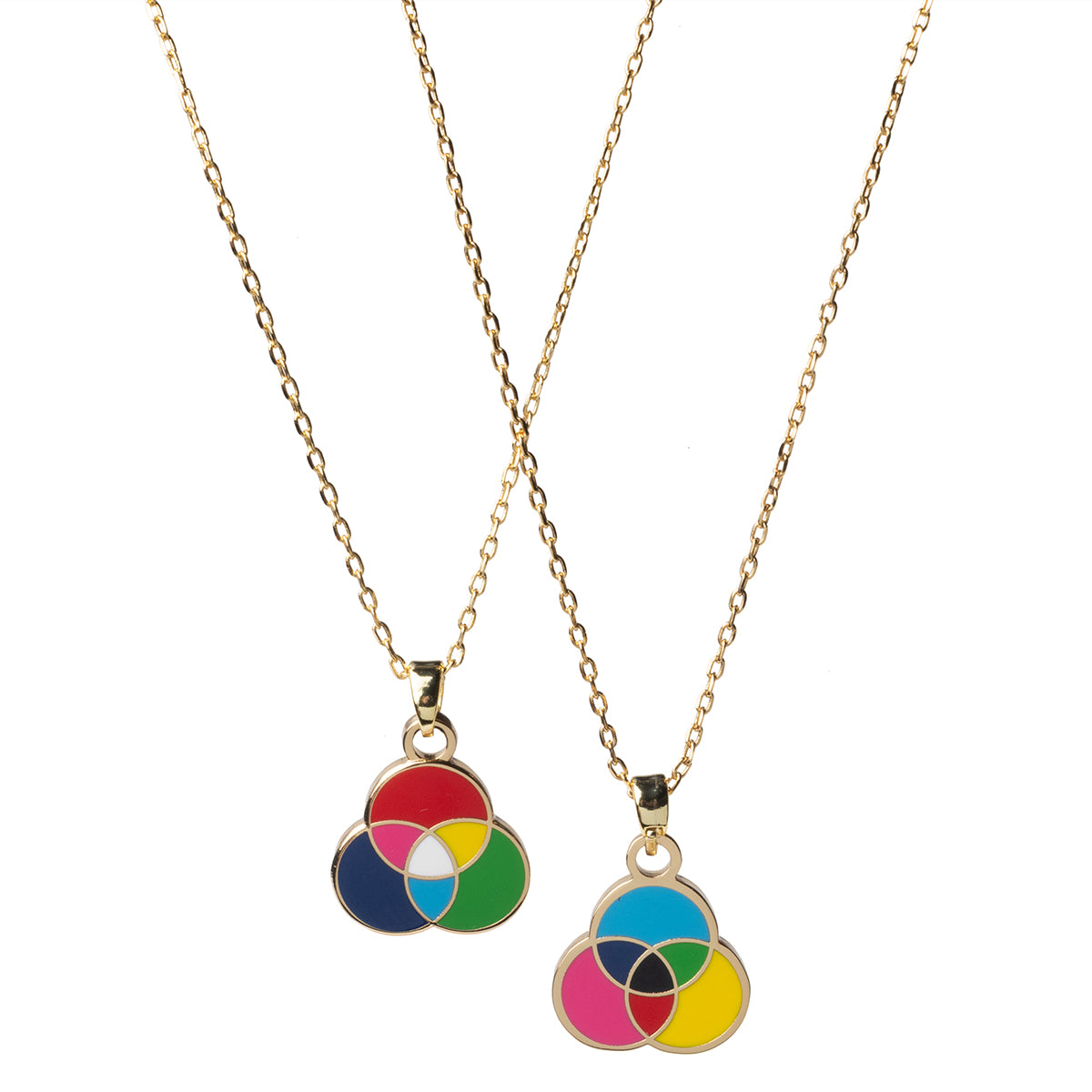 Double-sided enamel pendant necklace showing RGB color wheel and CMYK color wheel sides on 18k gold chain by Yellow Owl Workshop