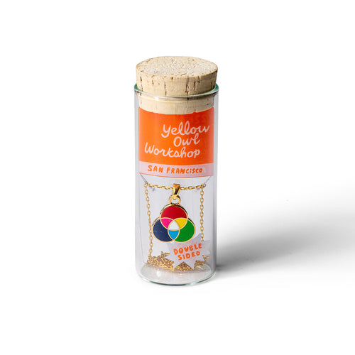RGB CMYK Color Wheel double-sided enamel pendant necklace in glass vial cork packaging by Yellow Owl Workshop