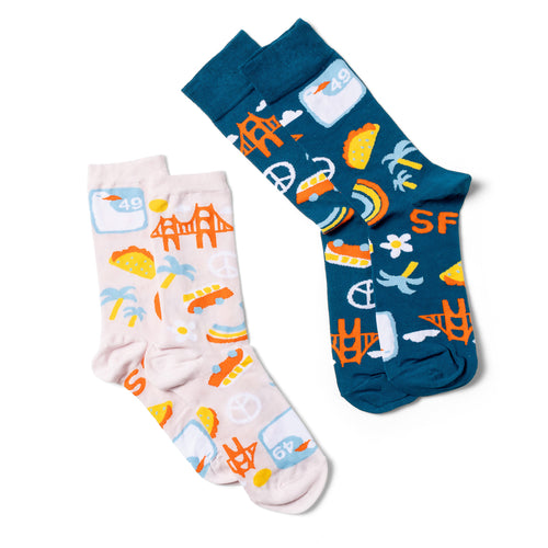 San Francisco crew socks small and large sizes laid out side by side by Yellow Owl Workshop